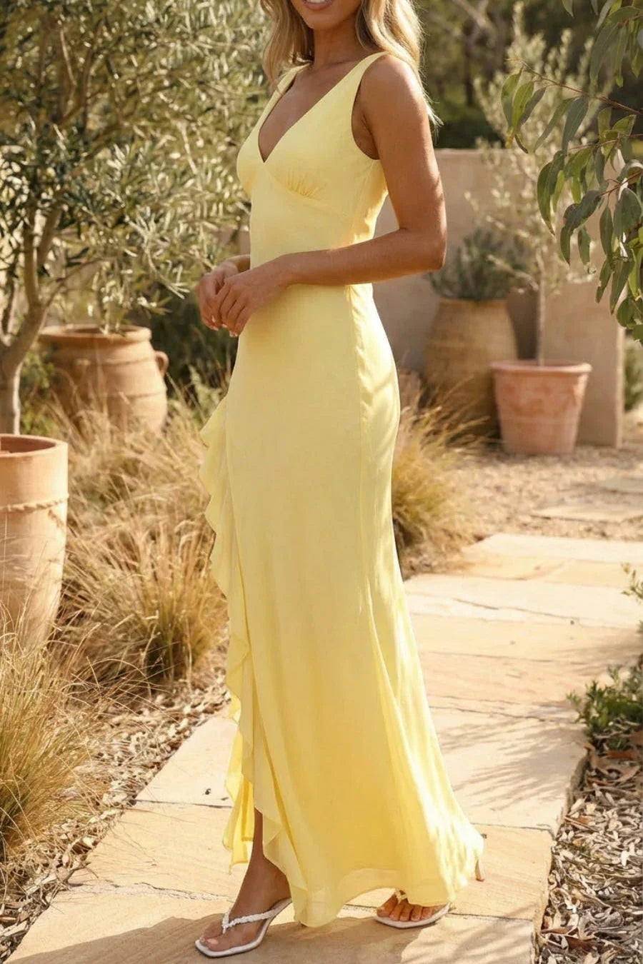 Sleeveless V-Neck Wedding Guest Maxi Dress with Split for Women