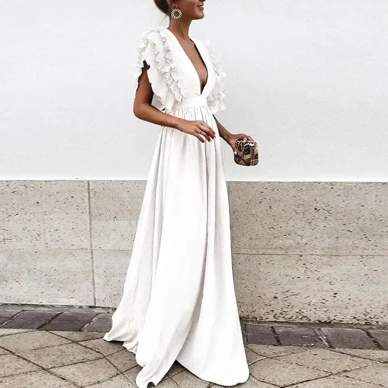 Ruffled V-Neck Wedding Guest Maxi Dress for Women
