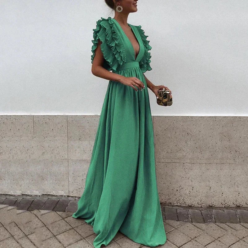 Ruffled V-Neck Wedding Guest Maxi Dress for Women