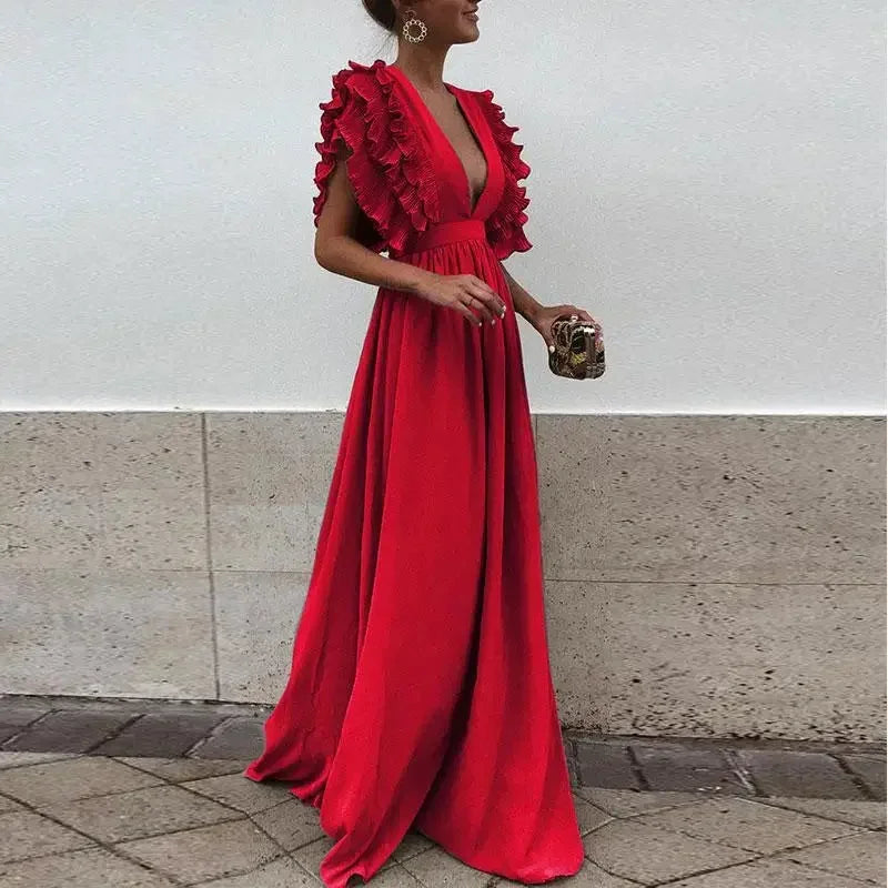Ruffled V-Neck Wedding Guest Maxi Dress for Women