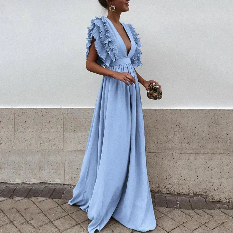 Ruffled V-Neck Wedding Guest Maxi Dress for Women