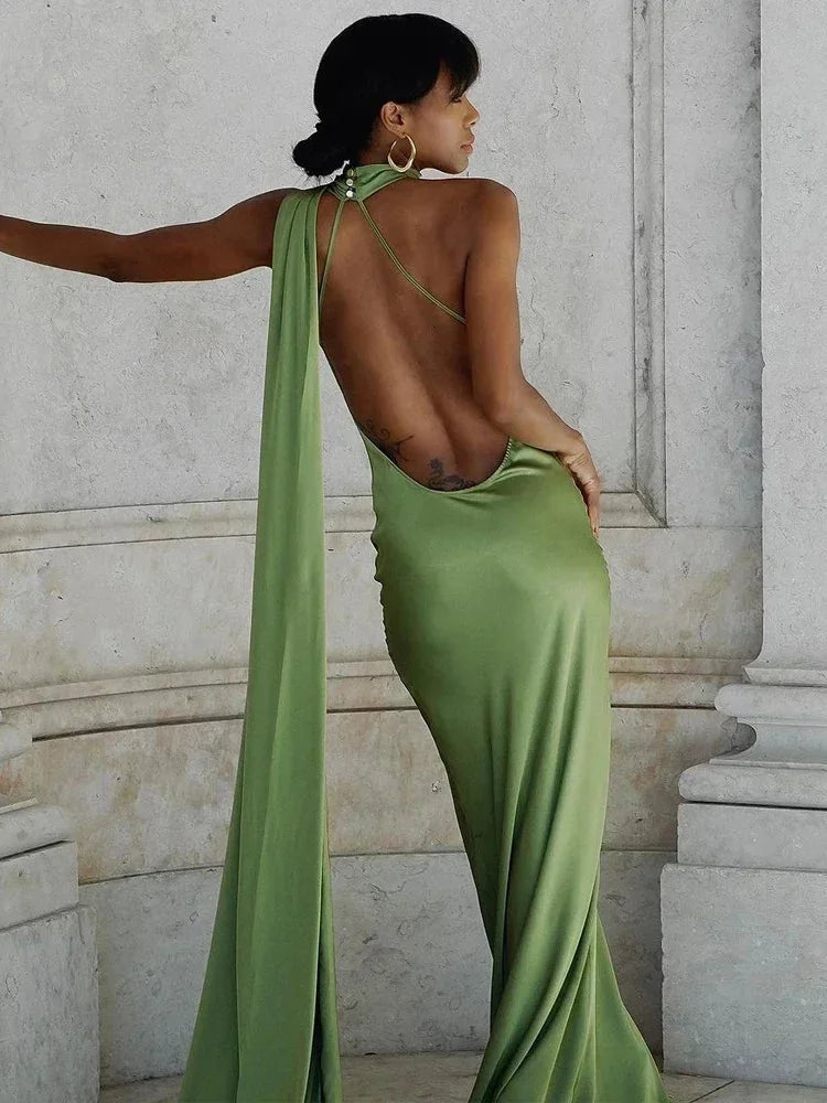Halterneck Satin Wedding Guest Maxi Dress for Women
