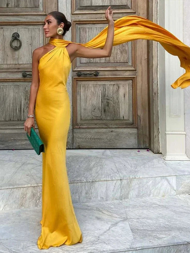 Halterneck Satin Wedding Guest Maxi Dress for Women