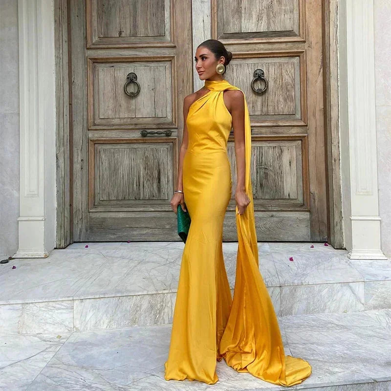 Halterneck Satin Wedding Guest Maxi Dress for Women