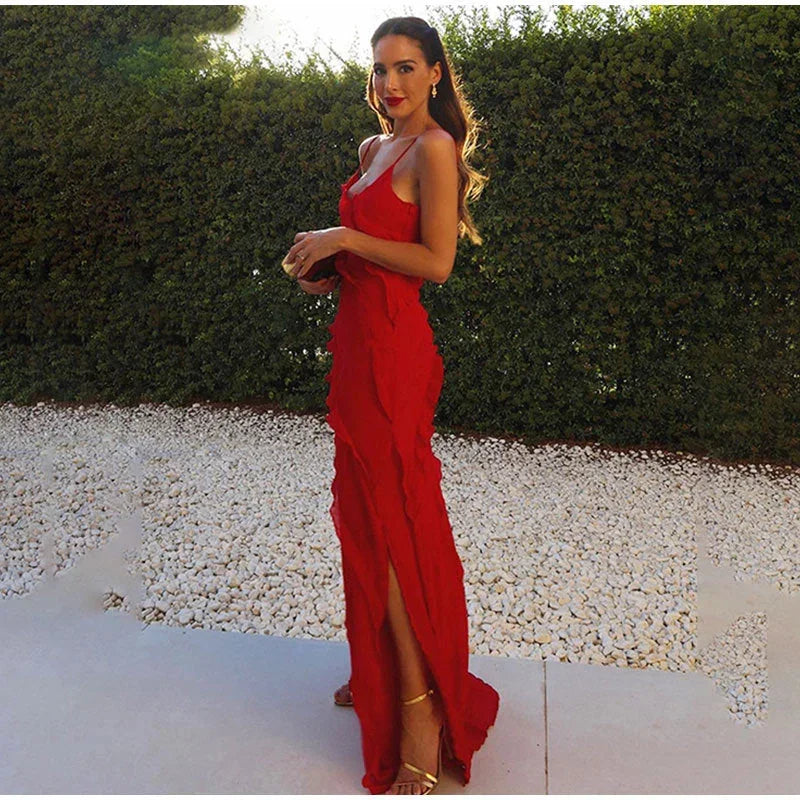 Asymmetric Ruffle Strappy Wedding Guest Maxi Dress for Women