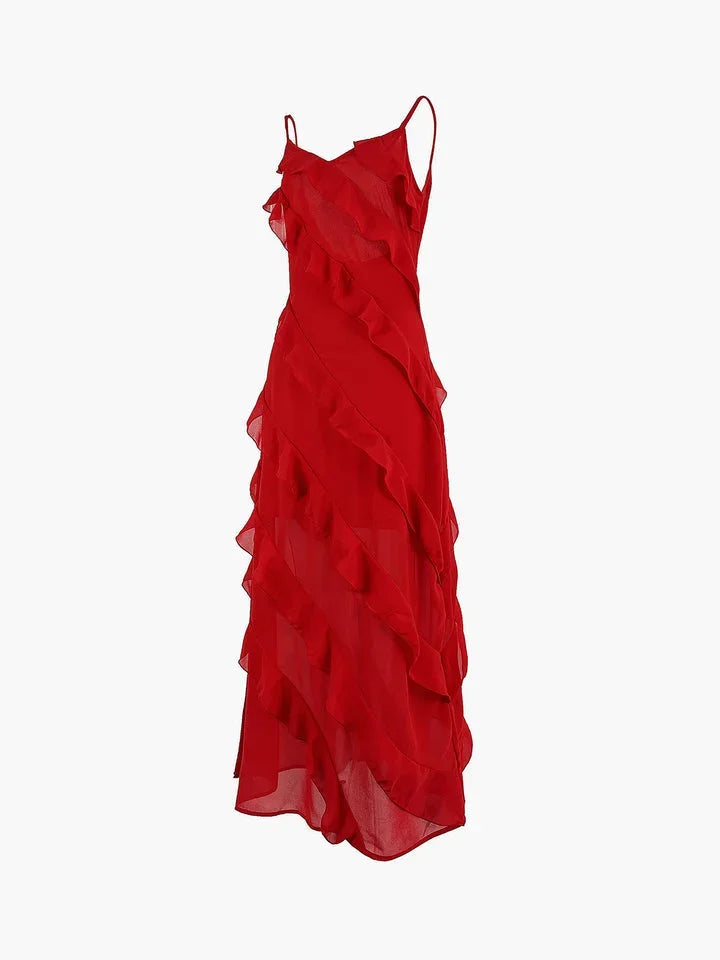 Asymmetric Ruffle Strappy Wedding Guest Maxi Dress for Women