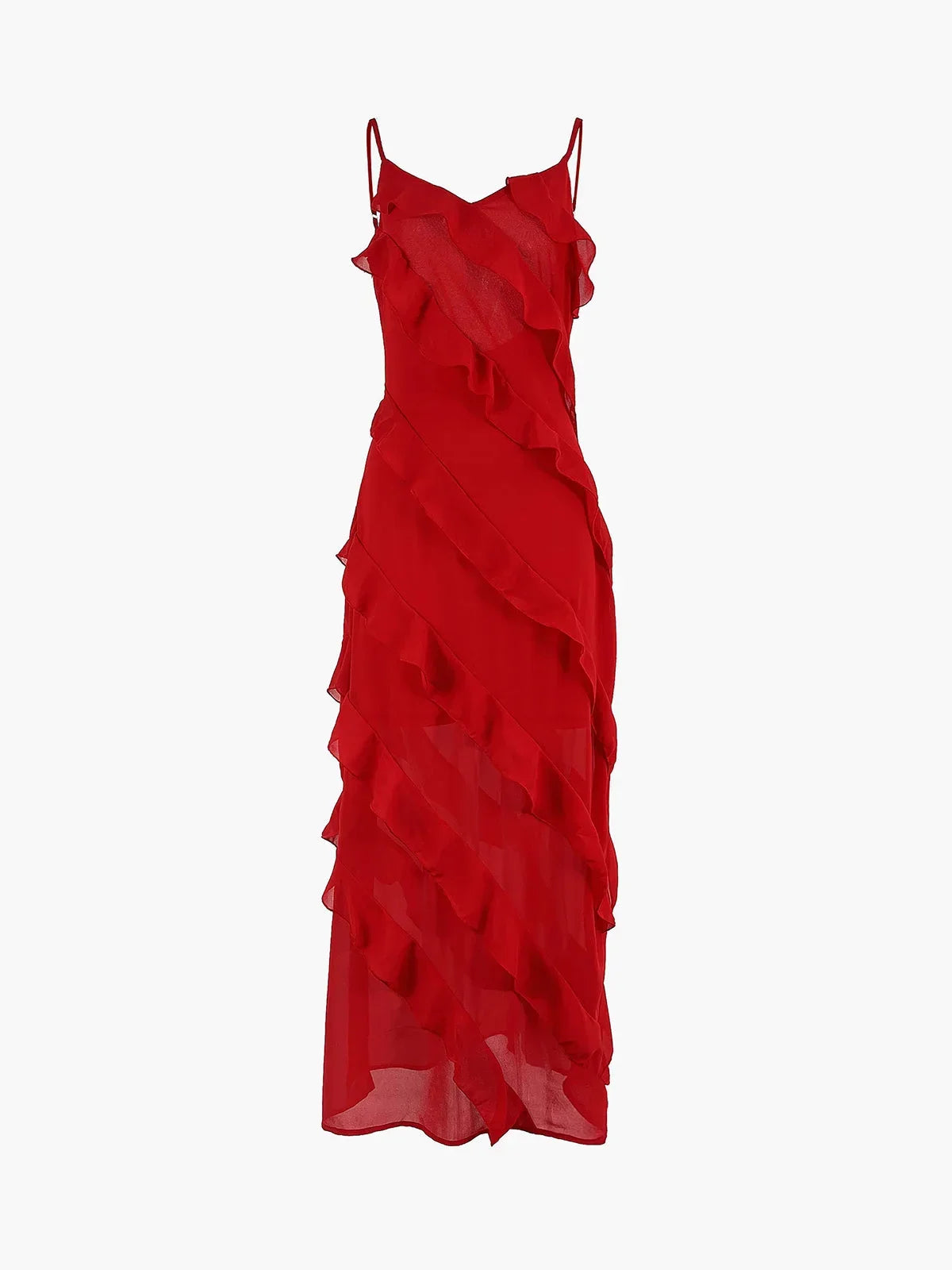 Asymmetric Ruffle Strappy Wedding Guest Maxi Dress for Women