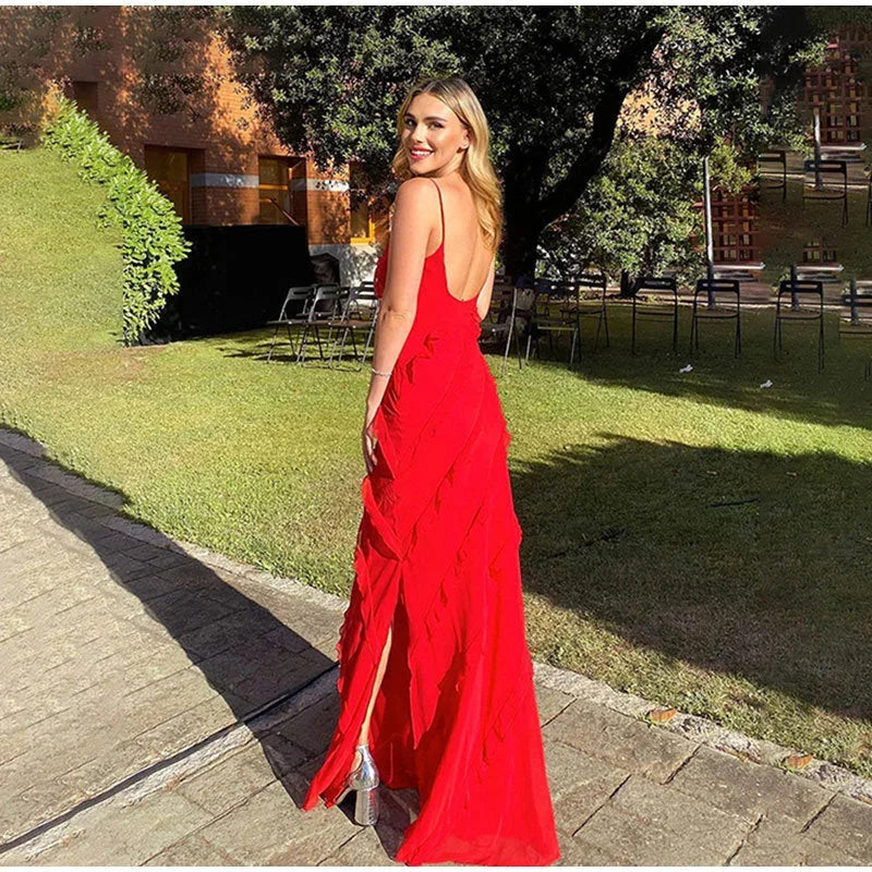 Asymmetric Ruffle Strappy Wedding Guest Maxi Dress for Women