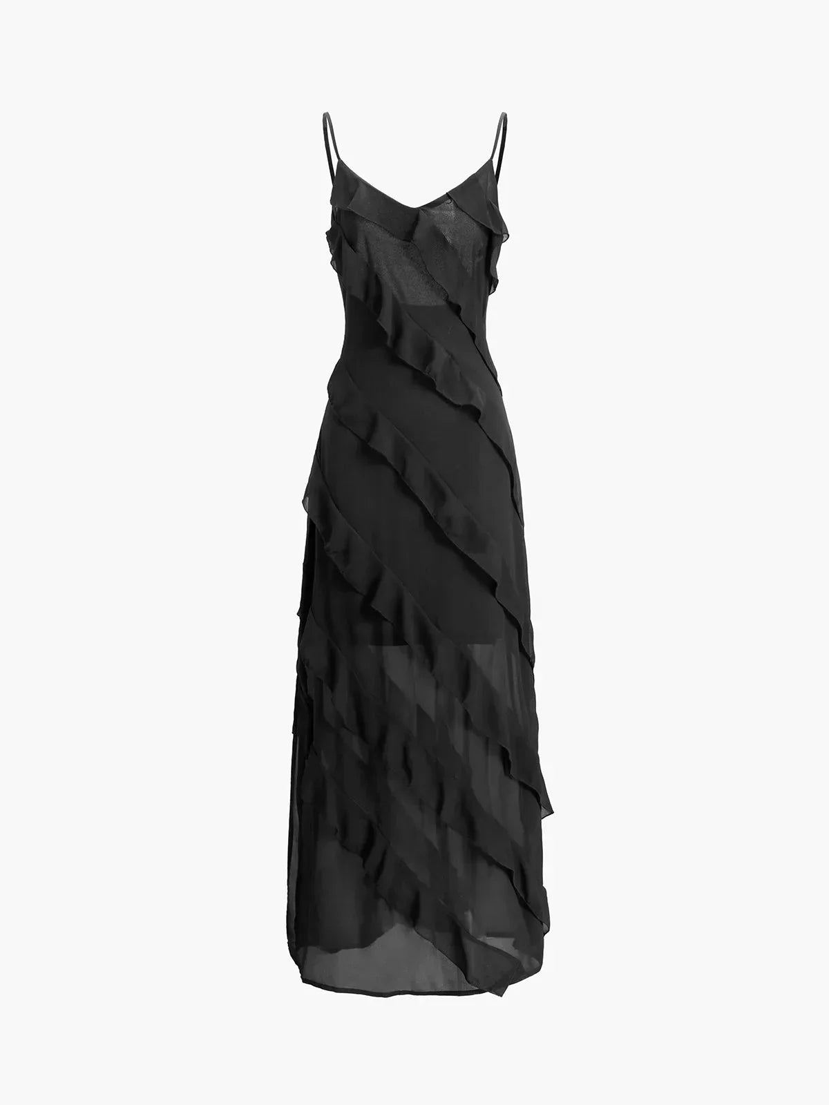 Asymmetric Ruffle Strappy Wedding Guest Maxi Dress for Women