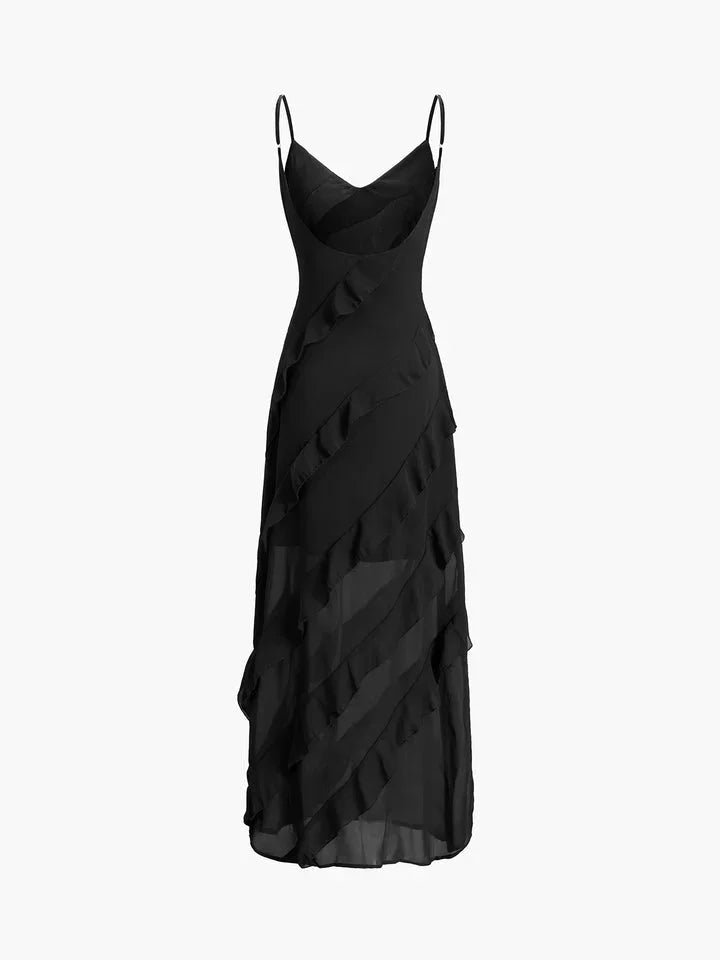 Asymmetric Ruffle Strappy Wedding Guest Maxi Dress for Women
