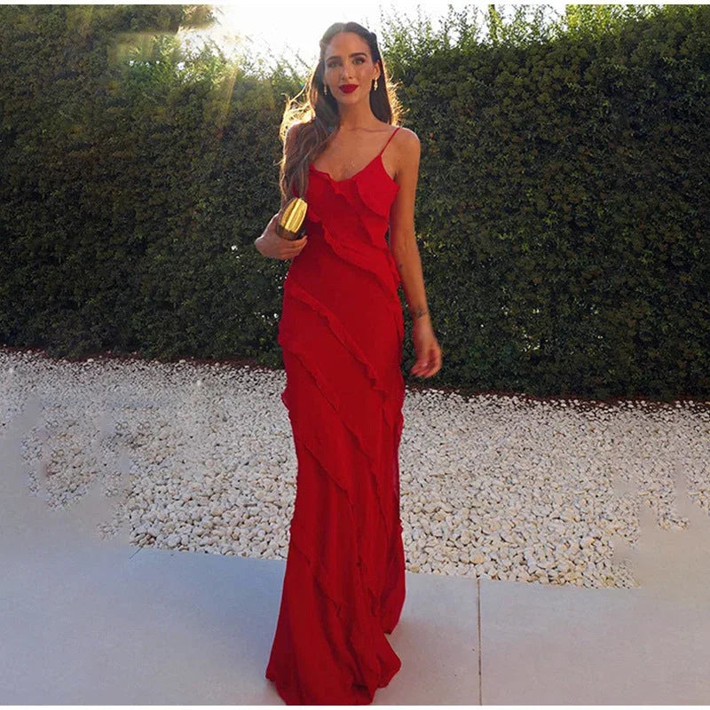 Asymmetric Ruffle Strappy Wedding Guest Maxi Dress for Women