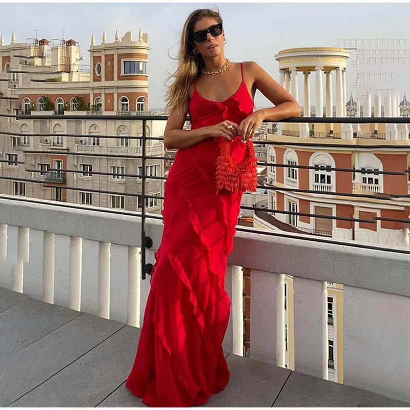 Asymmetric Ruffle Strappy Wedding Guest Maxi Dress for Women