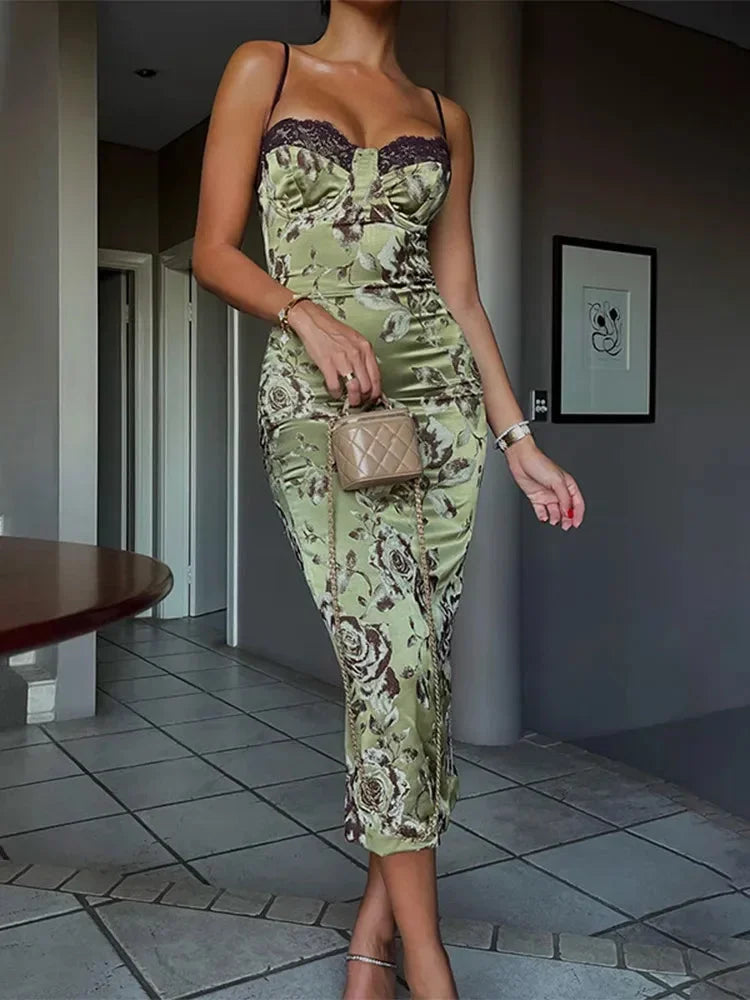 Strapless Wedding Guest Floral Satin Midi Dress for Women