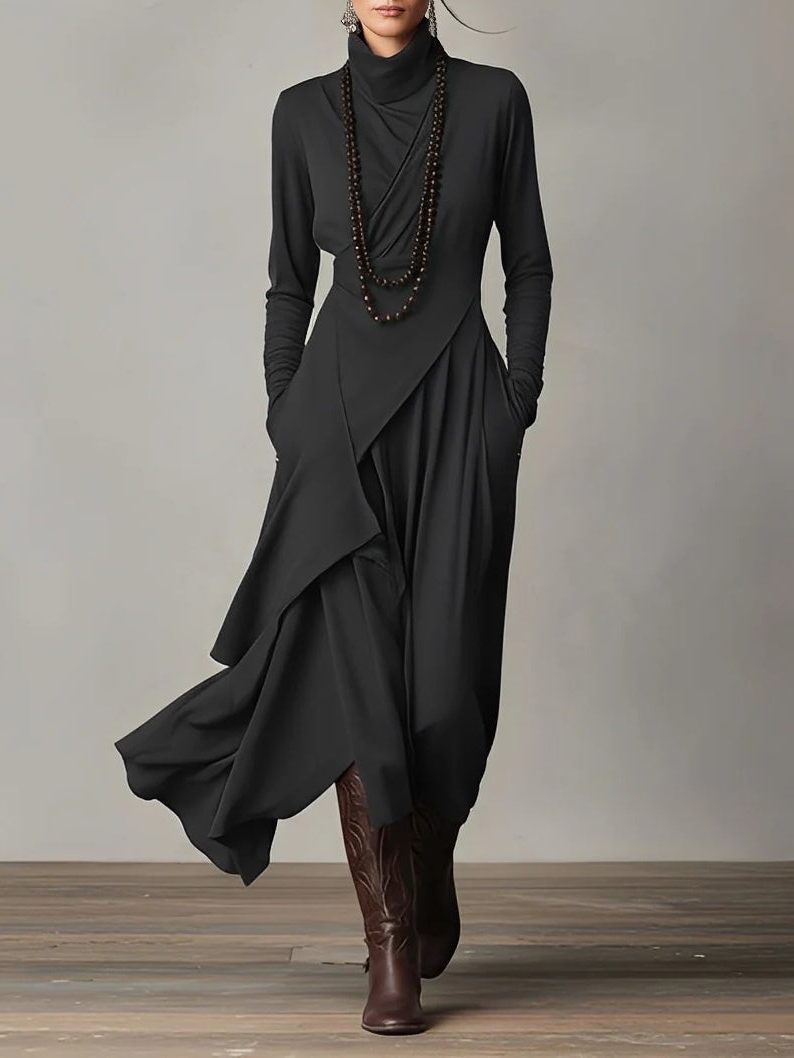 Roll Neck Maxi Dress with Long Sleeves for Women - Black