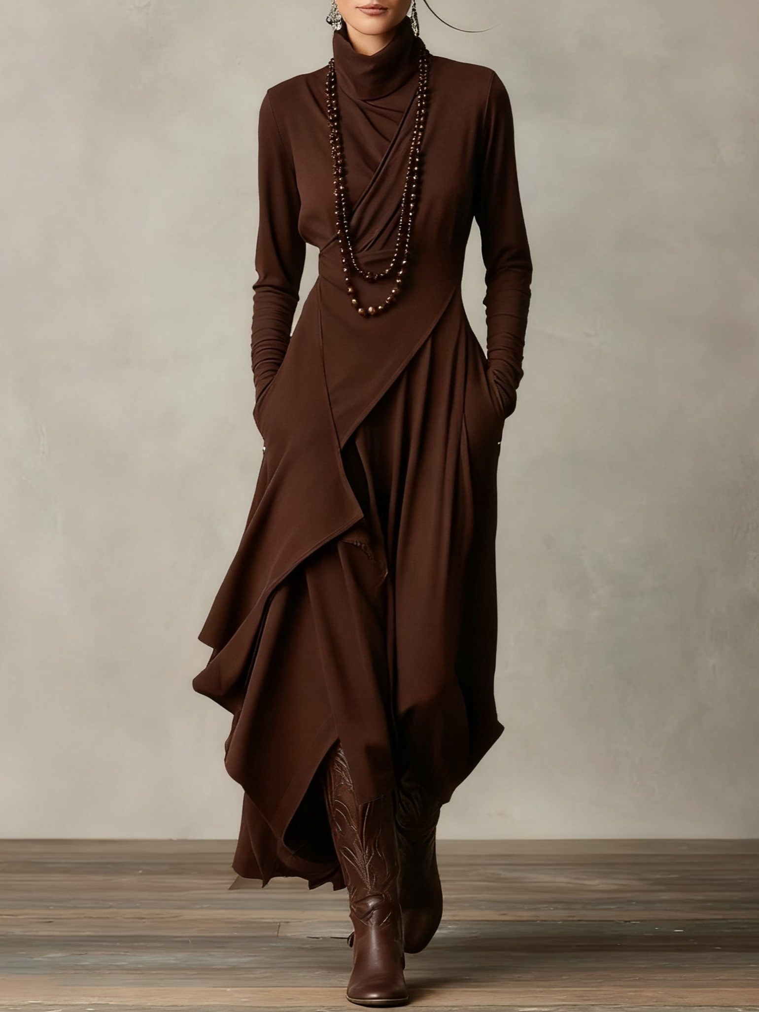 Roll Neck Maxi Dress with Long Sleeves for Women - Brown