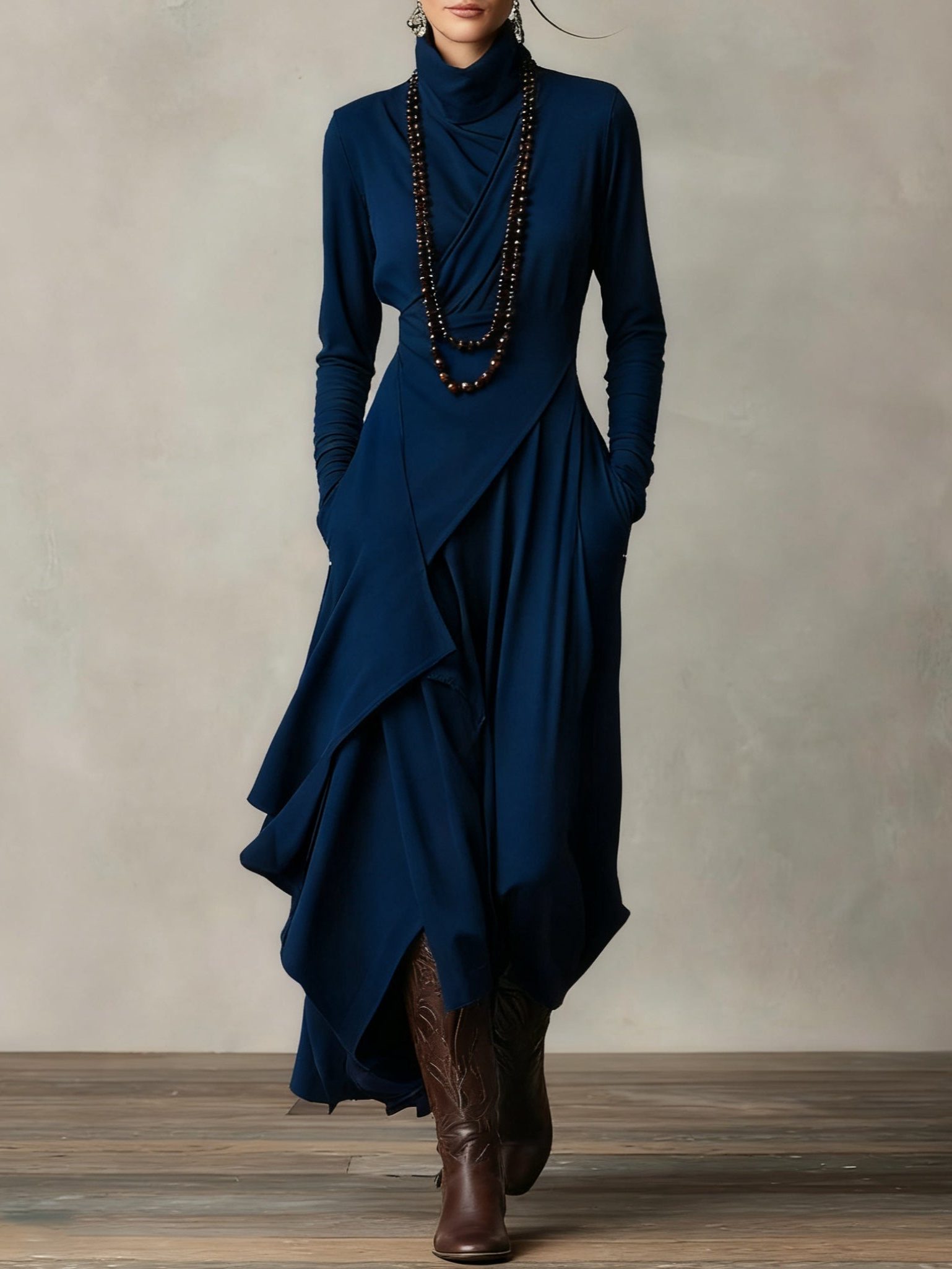 Roll Neck Maxi Dress with Long Sleeves for Women - Navy Blue