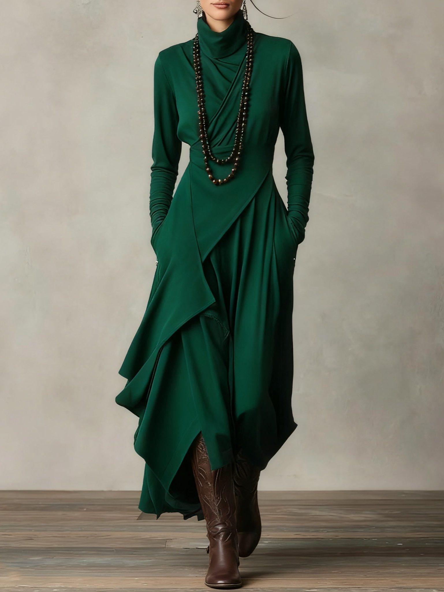 Roll Neck Maxi Dress with Long Sleeves for Women - Green