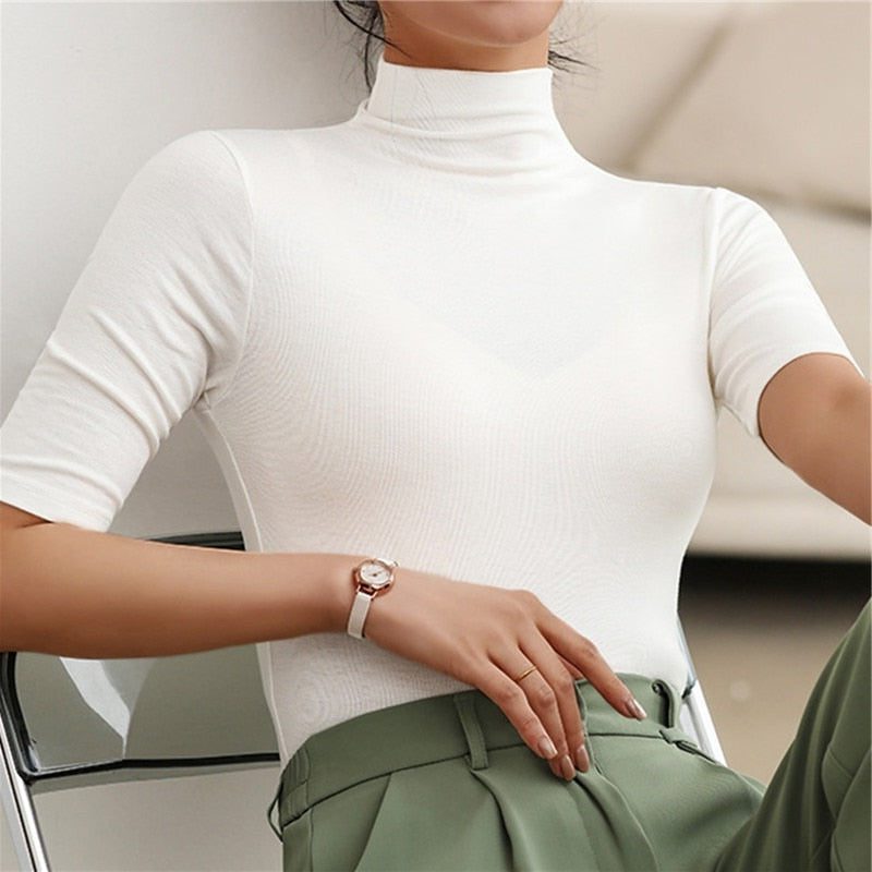 Roll Neck Short Sleeve Top for Women - White