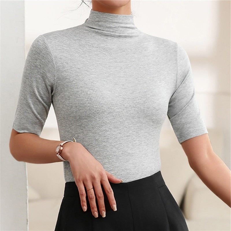 Roll Neck Short Sleeve Top for Women - Grey