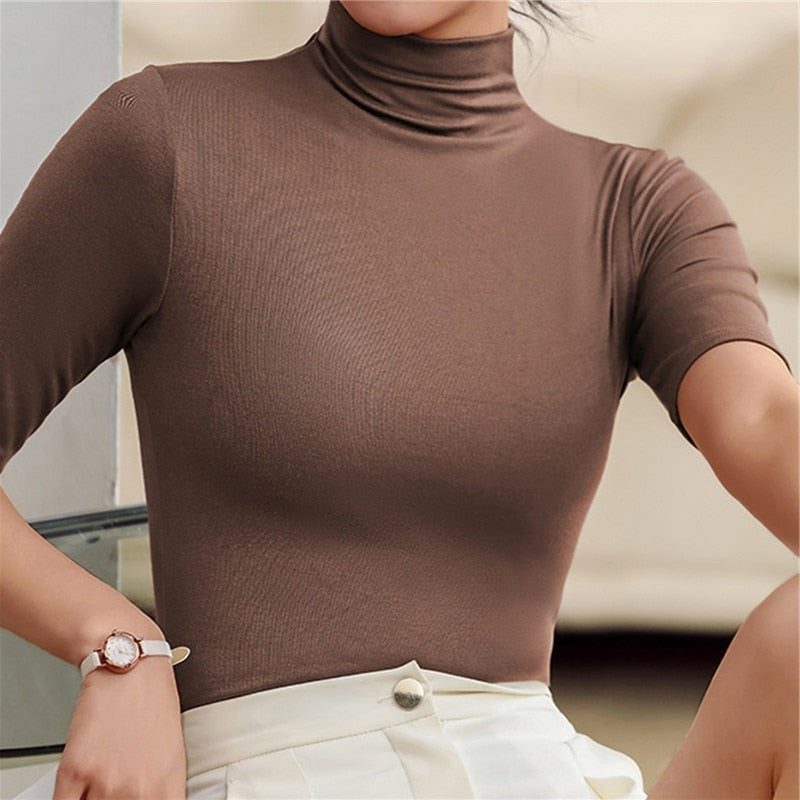 Roll Neck Short Sleeve Top for Women - Brown