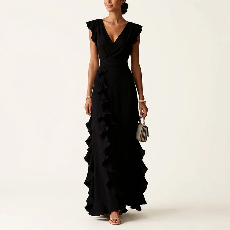 Ruffle Trim Wrap V-Neck Wedding Guest Maxi Dress for Women - Black