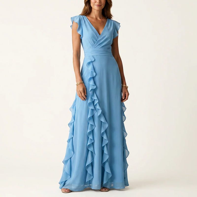 Ruffle Trim Wrap V-Neck Wedding Guest Maxi Dress for Women - Blue