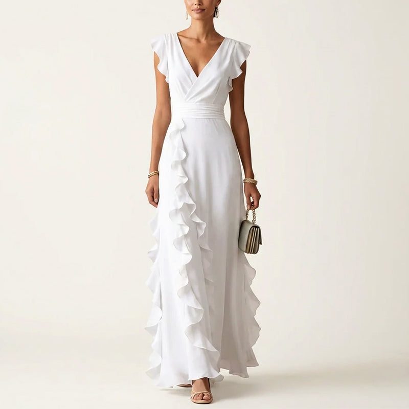 Ruffle Trim Wrap V-Neck Wedding Guest Maxi Dress for Women - White