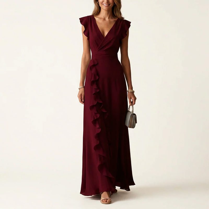 Ruffle Trim Wrap V-Neck Wedding Guest Maxi Dress for Women - Burgundy