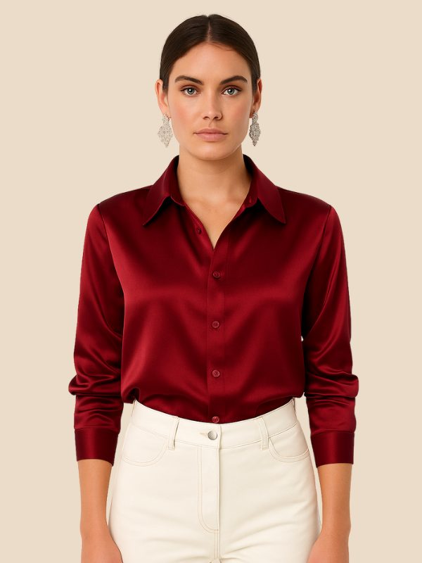 Satin Button-Down Shirt with Pointed Collar for Women