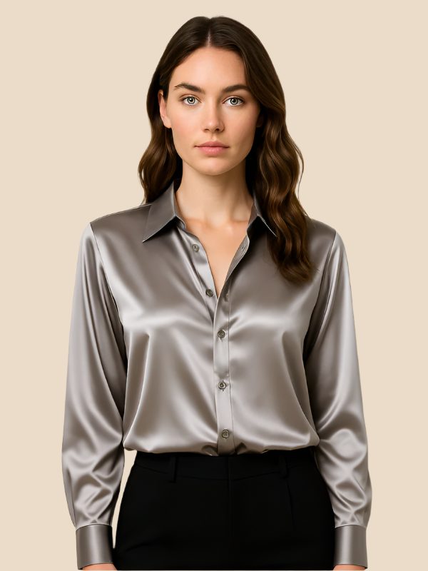 Satin Button-Down Shirt with Pointed Collar for Women - Grey