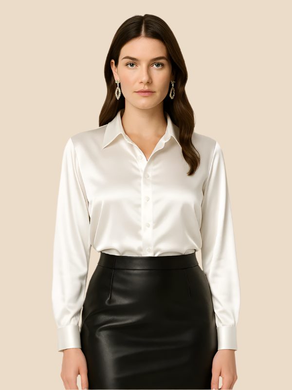 Satin Button-Down Shirt with Pointed Collar for Women - White