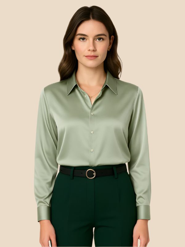 Satin Button-Down Shirt with Pointed Collar for Women - Green