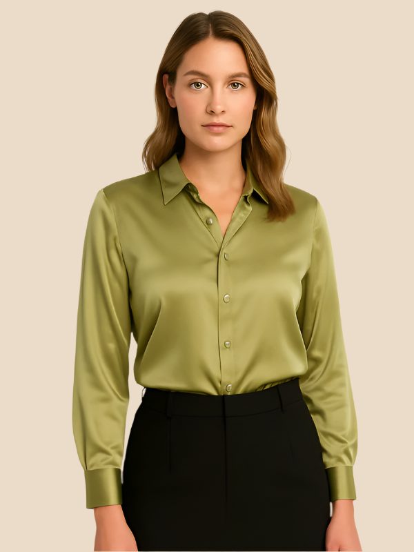 Satin Button-Down Shirt with Pointed Collar for Women - Light Green