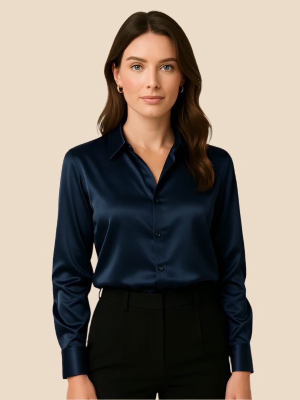 Satin Button-Down Shirt with Pointed Collar for Women - Navy