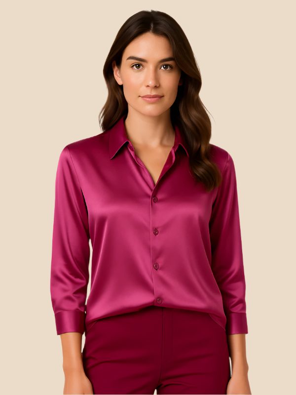 Satin Button-Down Shirt with Pointed Collar for Women - Pink