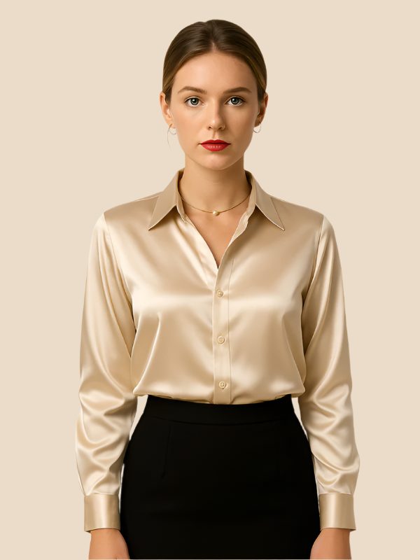 Satin Button-Down Shirt with Pointed Collar for Women - Beige