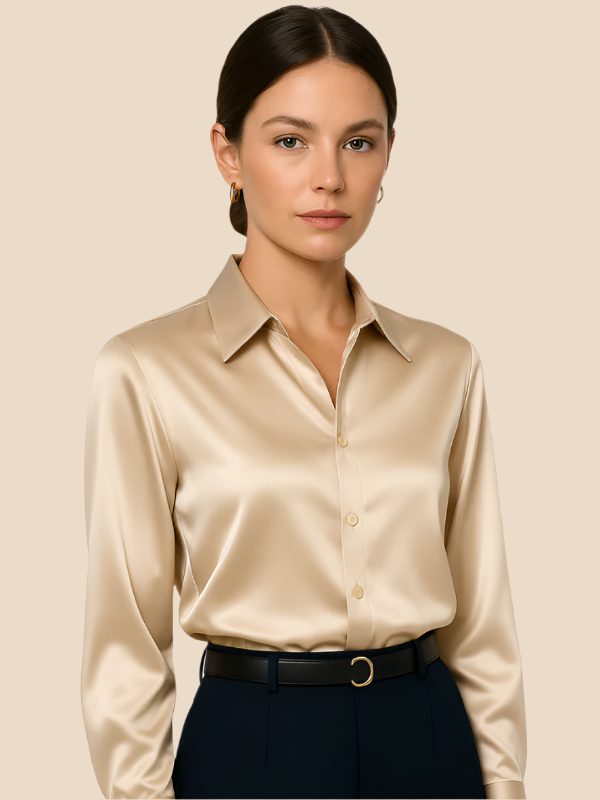Satin Button-Down Shirt with Pointed Collar for Women - Apricot