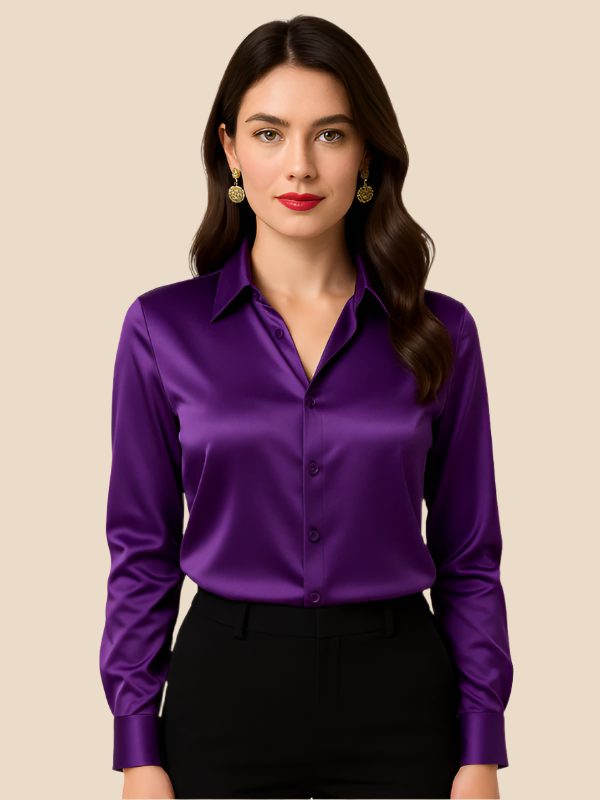 Satin Button-Down Shirt with Pointed Collar for Women - Purple