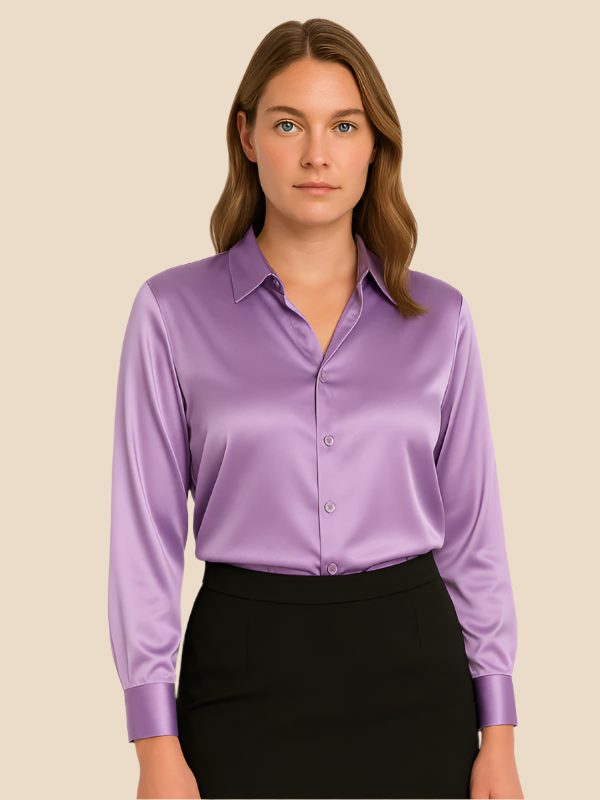 Satin Button-Down Shirt with Pointed Collar for Women - Lavender