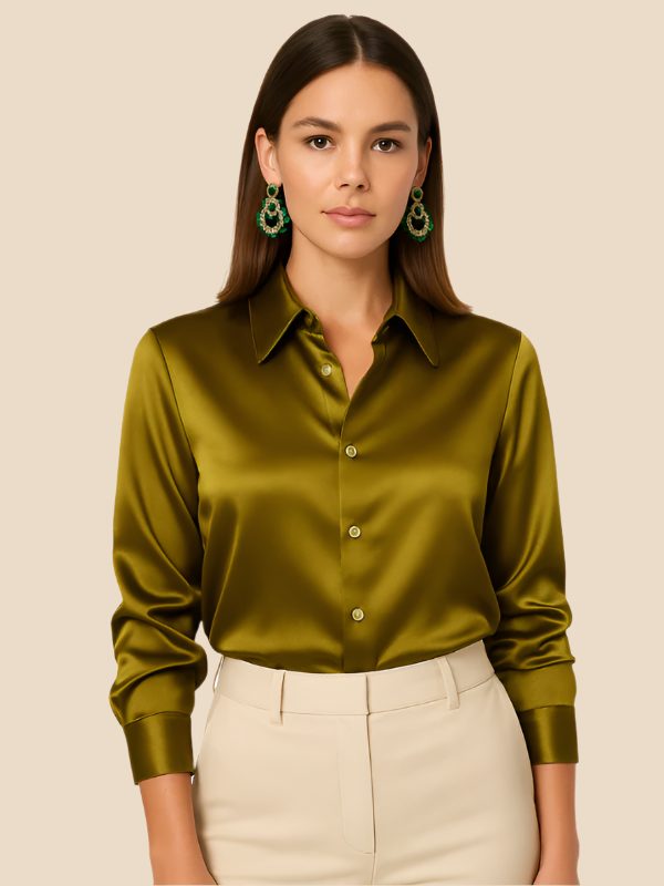 Satin Button-Down Shirt with Pointed Collar for Women - Yellow
