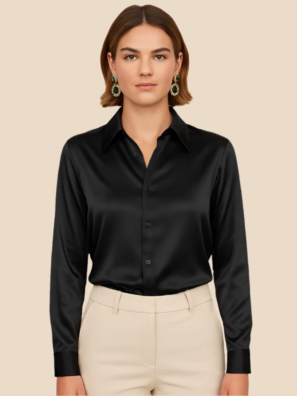Satin Button-Down Shirt with Pointed Collar for Women - Black