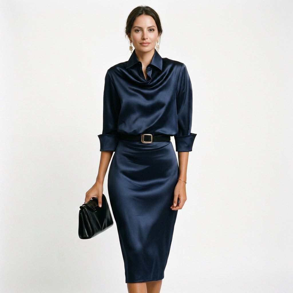 Satin Cowl Neck Midi Dress for Women - Navy Blue