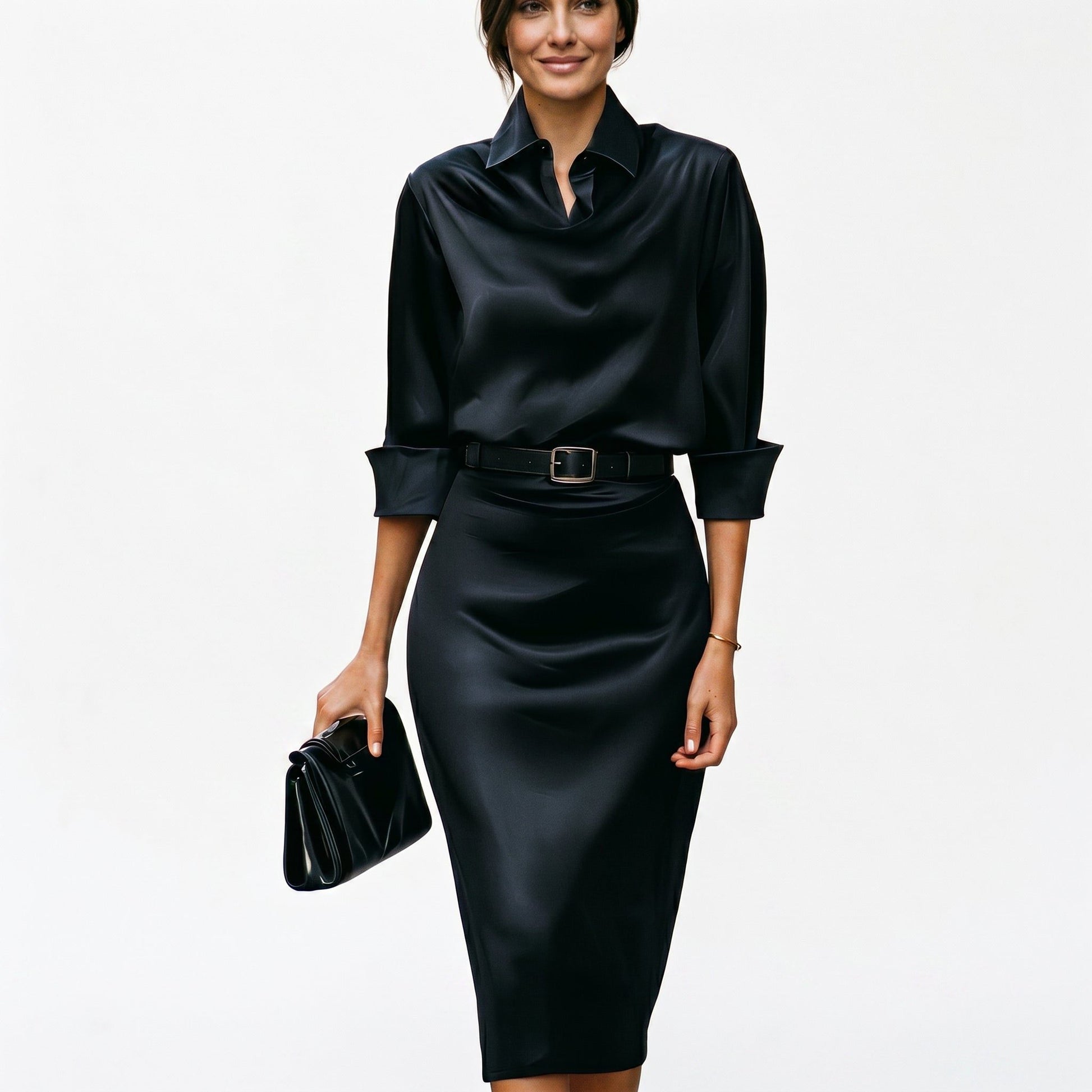 Satin Cowl Neck Midi Dress for Women - Black
