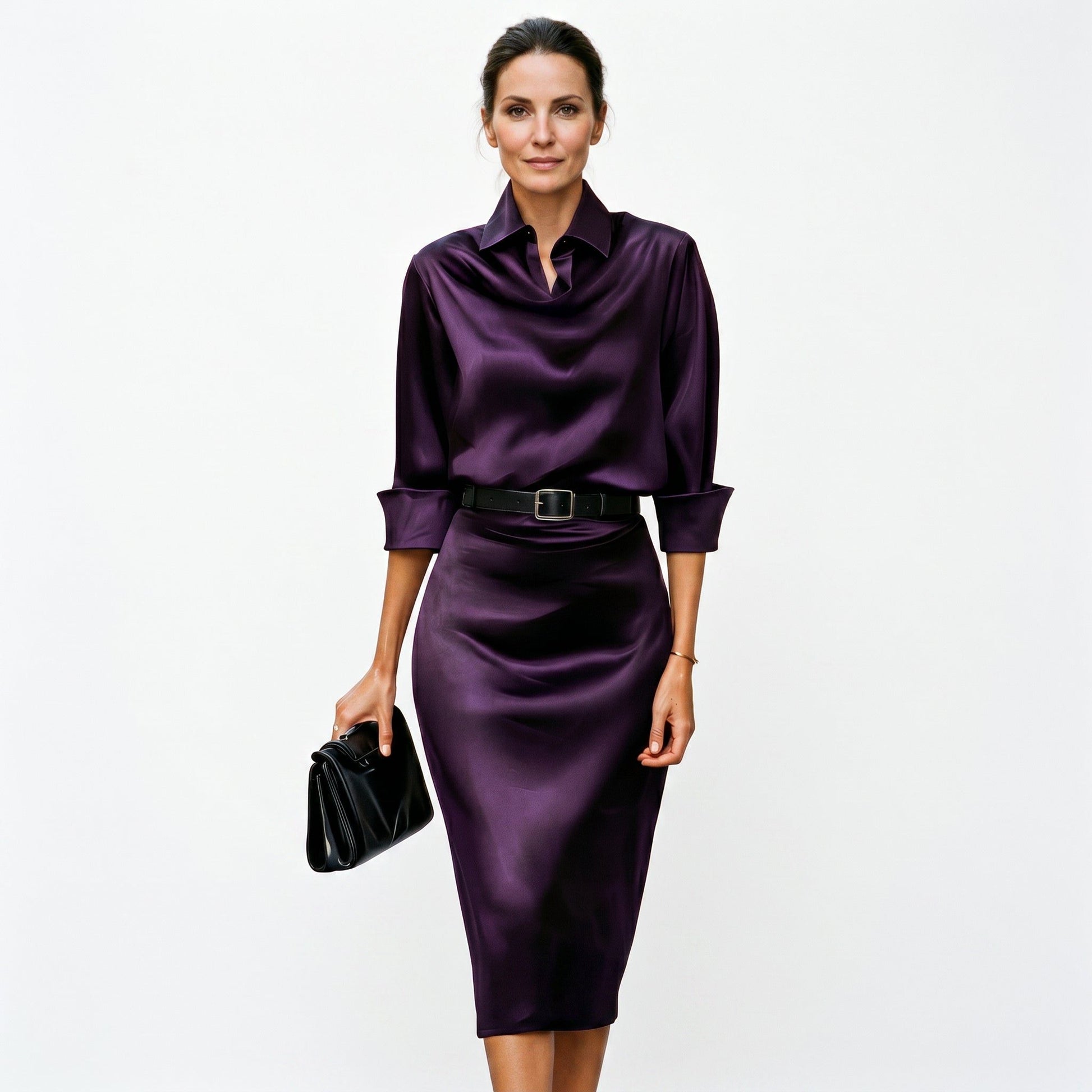 Satin Cowl Neck Midi Dress for Women - Purple