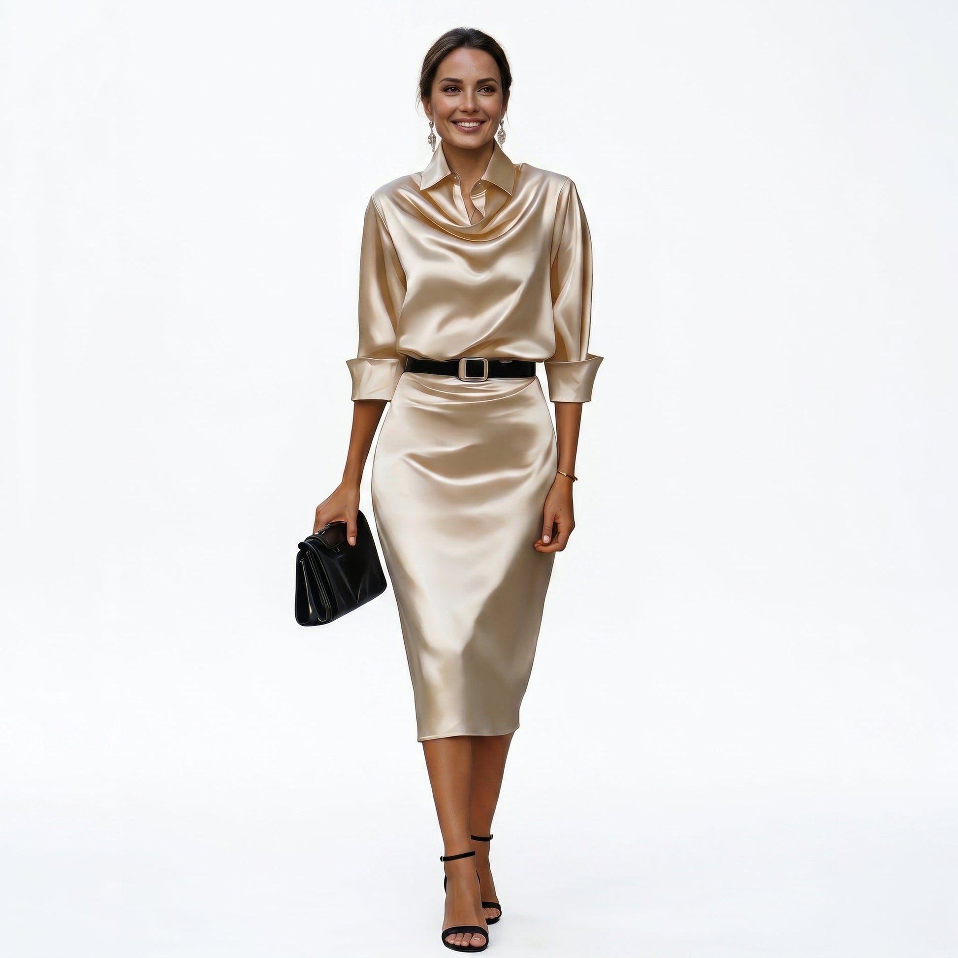 Satin Cowl Neck Midi Dress for Women - Champagne