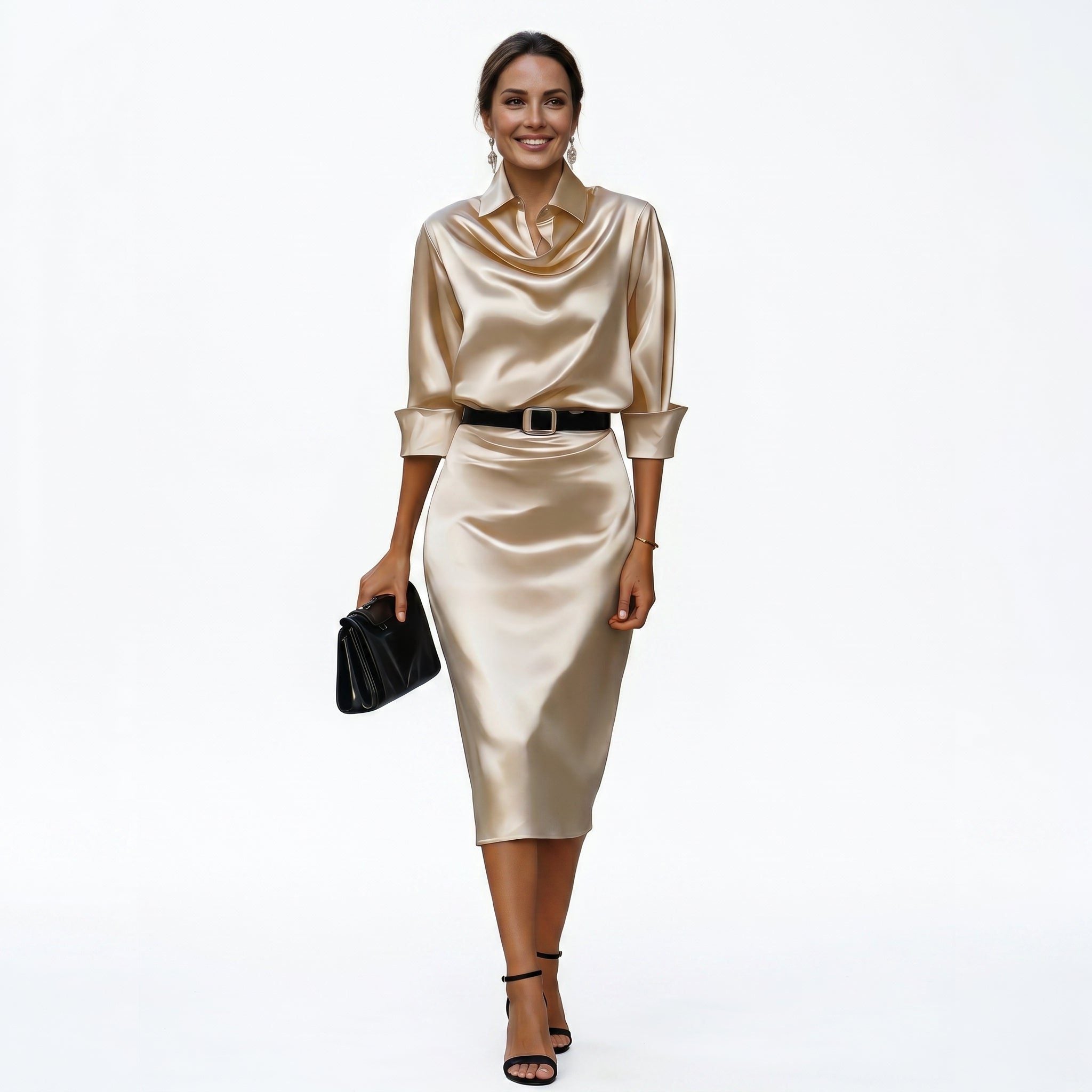 Satin Cowl Neck Midi Dress for Women - Champagne