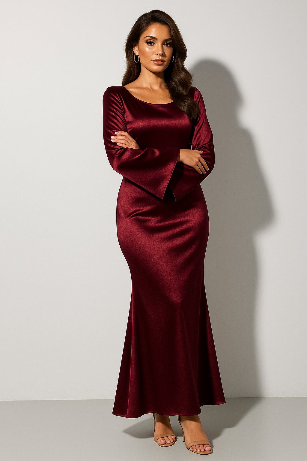 Satin Fishtail Maxi Dress with Long Sleeves for Women