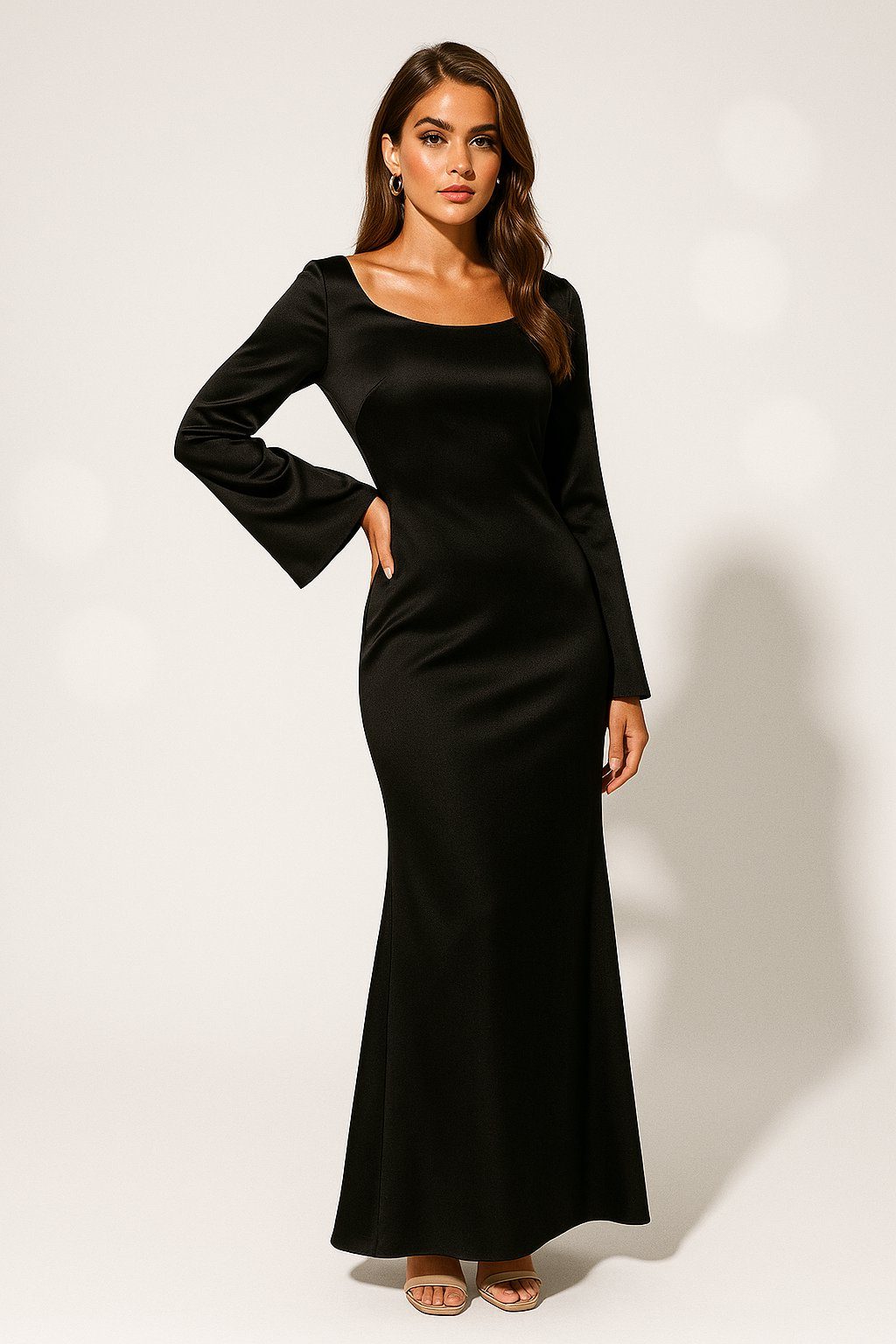 Satin Fishtail Maxi Dress with Long Sleeves for Women - Black