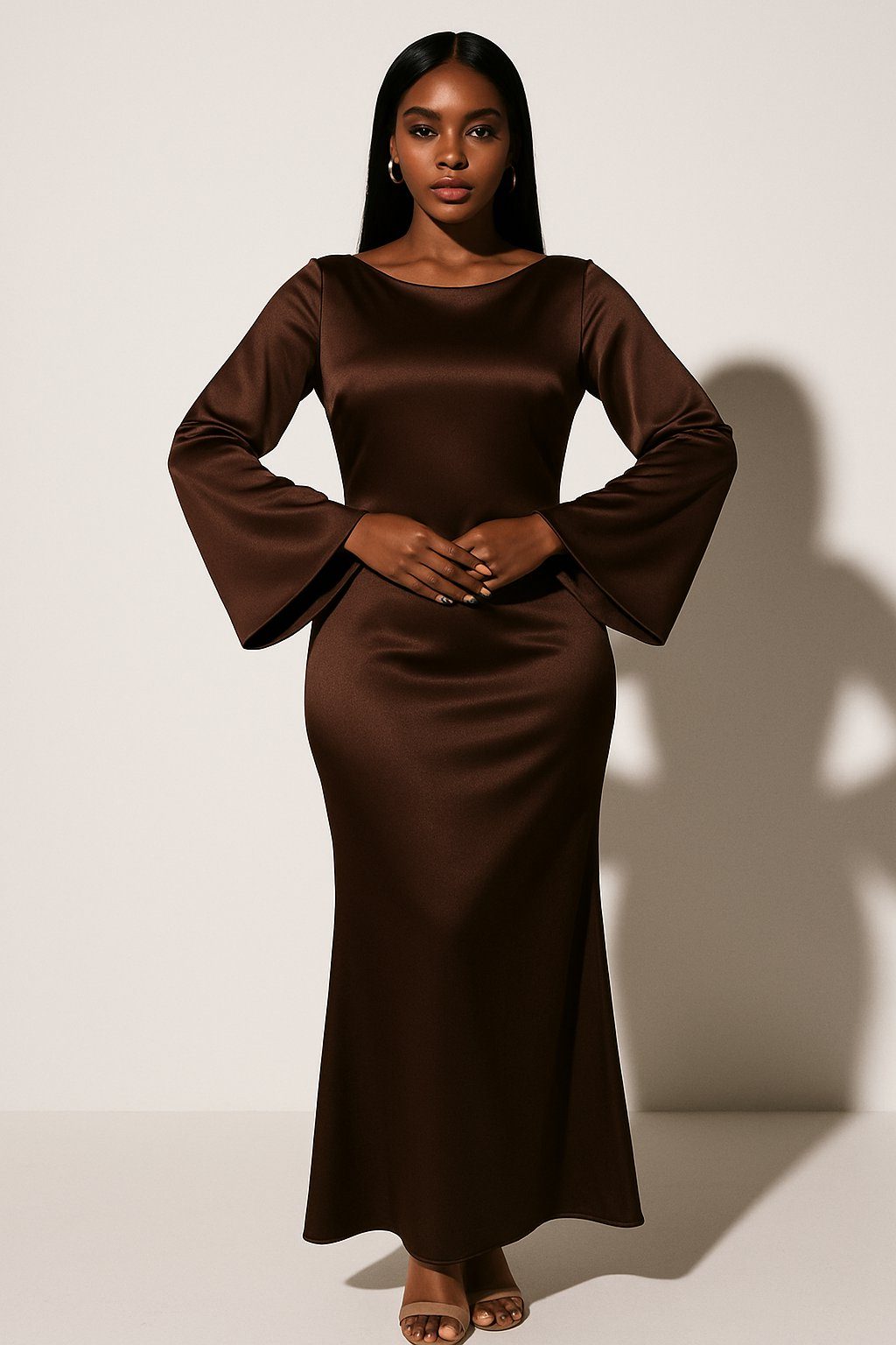 Satin Fishtail Maxi Dress with Long Sleeves for Women - Dark Brown
