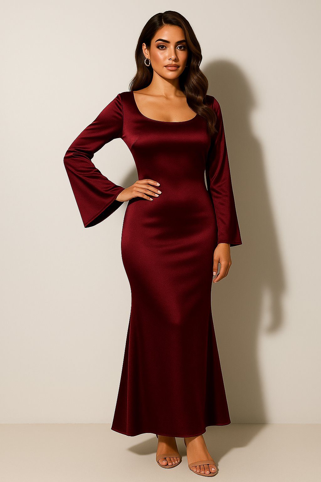 Satin Fishtail Maxi Dress with Long Sleeves for Women - View 2